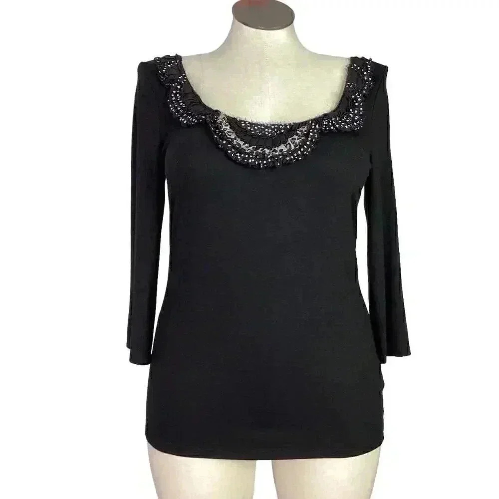 White House Black Market Womens L Ruffle Neck Top Black 3/4 Sleeve Stretch
